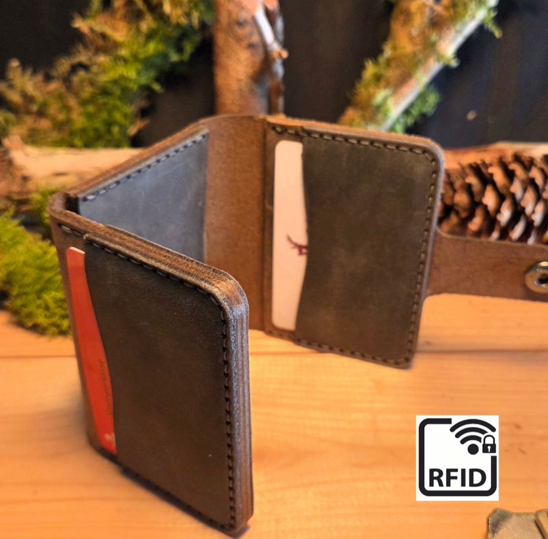 Kompaktes Leder-Wallet aus dunkelbraunem Vollnarbenleder mit mehreren Kartenfächern und RFID-Schutzfunktion