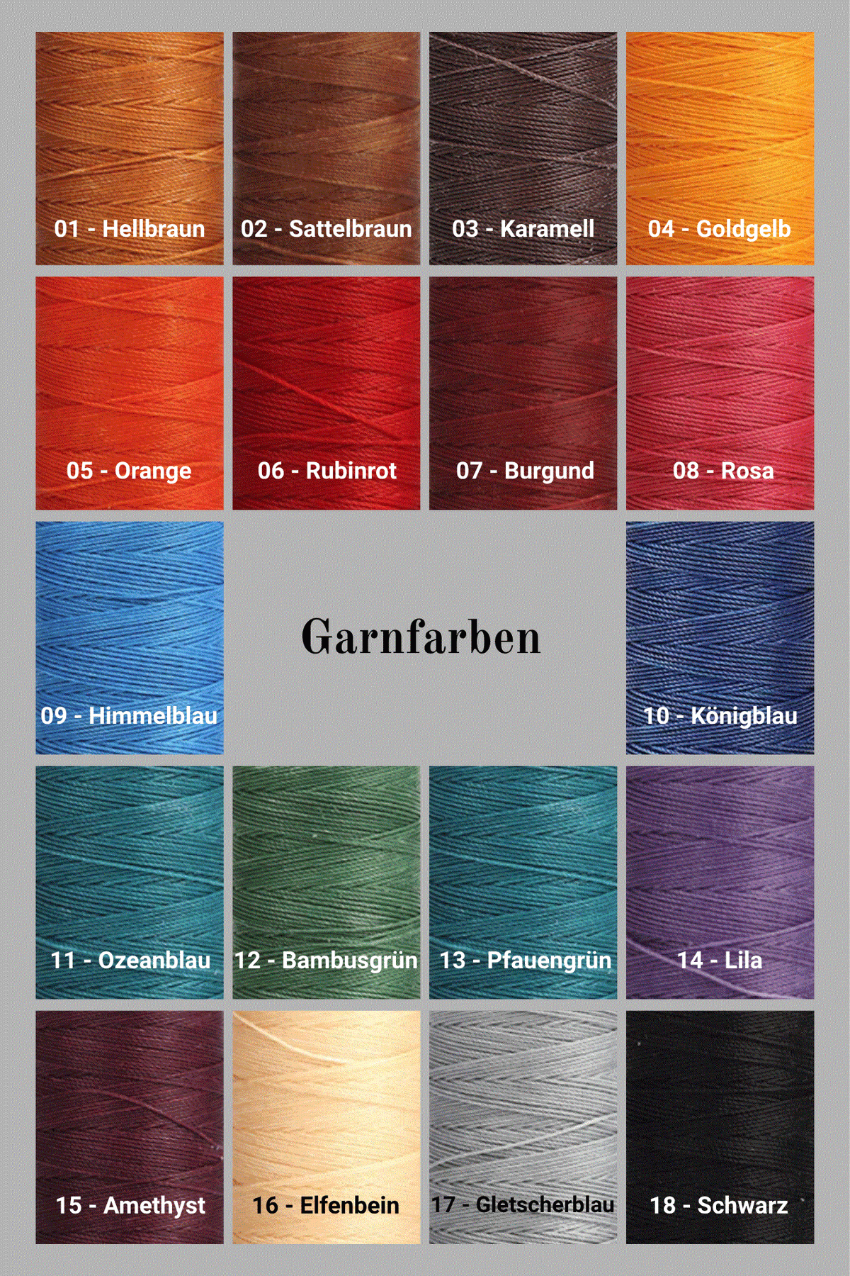 Leder-Dienstausweisetui JVA in einer Garnfarben-Übersicht mit 18 Garnfarben von Hellbraun bis Schwarz, jeweils nummeriert und beschriftet.