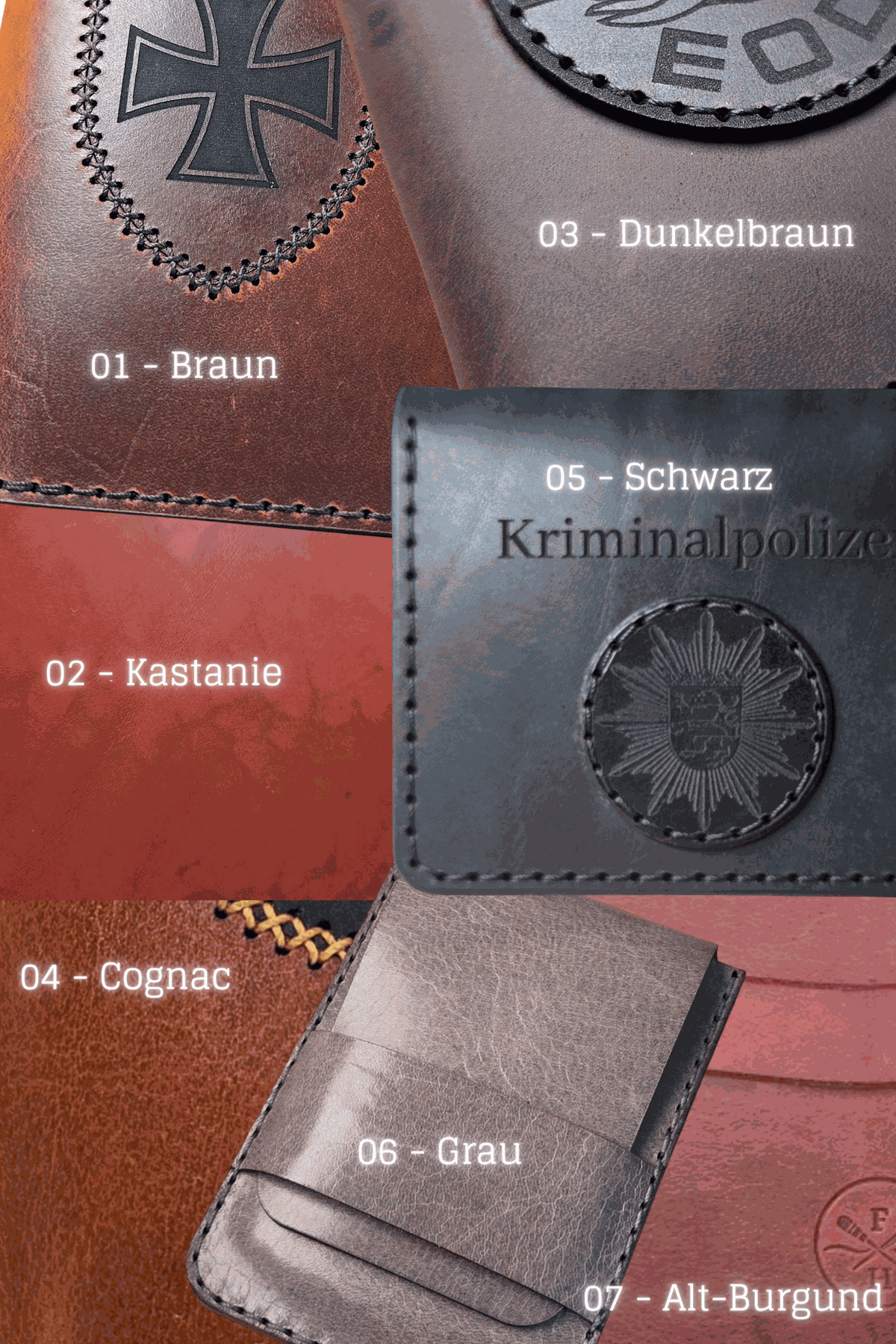 Slim Wallet aus Leder aus braunem, kastanienbraunem, cognacfarbenem, dunkelbraunem, schwarzem, grauem und altburgundfarbenem Leder mit Nähten und Prägungen